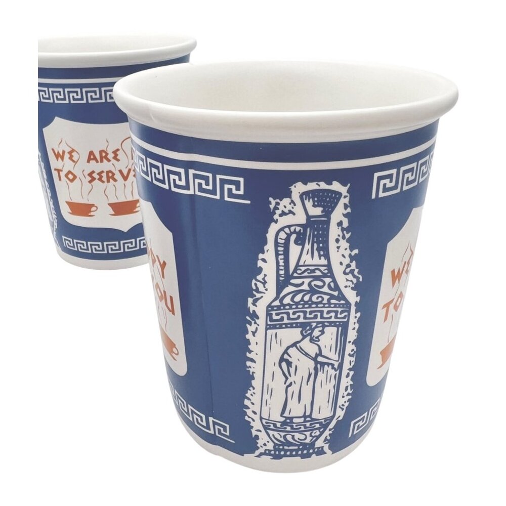 "We Are Happy To Serve You" Ceramic Coffee Cups (Set of 4) New York Greek Design - Picture 3 of 7